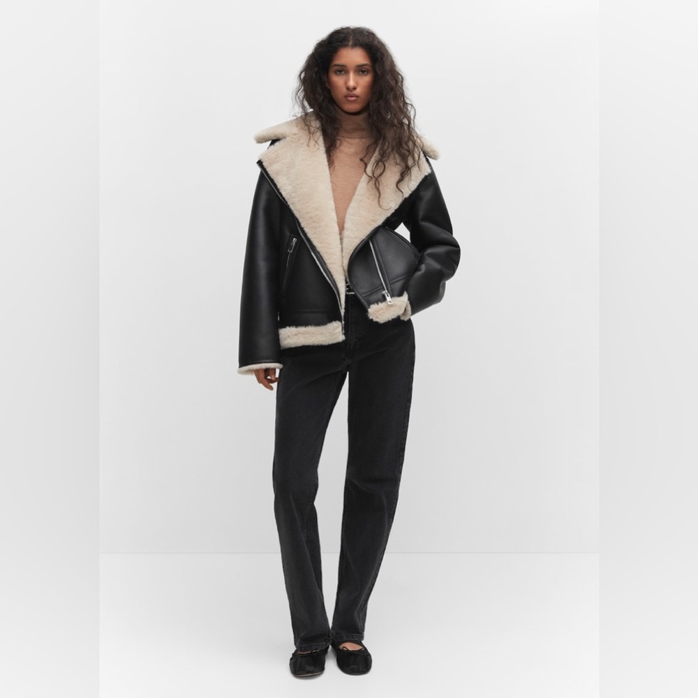 Mango Faux Leather Shearling Lined Biker Jacket
